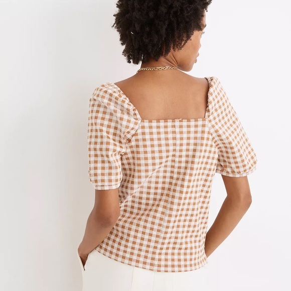 NWT Madewell Gingham Jaquard Square Neck Puff Sleeve Top Brown Cottagecore - Picture 4 of 14